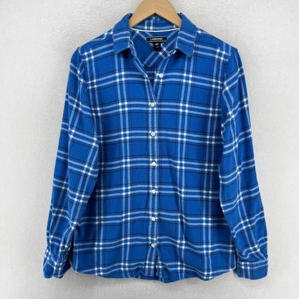 LANDS' END Shirt Womens 10T Tall Flannel Plaid Button Up Long Sleeve Cotton Blue